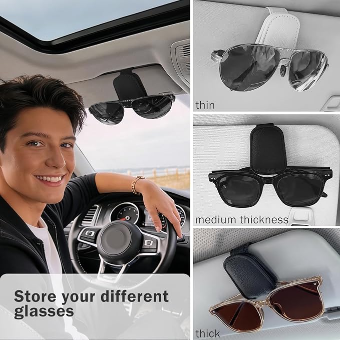 Sunglass Holder for Car Visor, Magnetic Leather Sunglasses Holder and Ticket Card Clip for Car