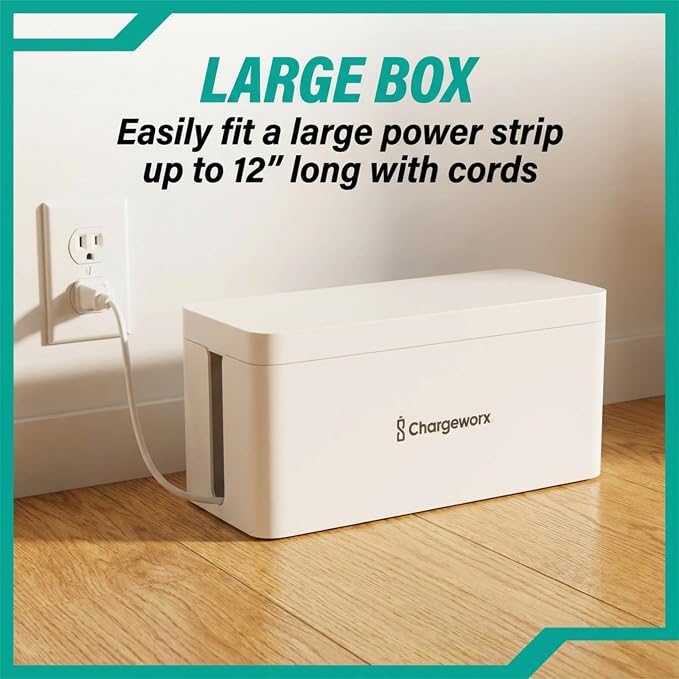 ChargeWorx Cable-Management Box Set, 2 Pack Cord Organizer to Hide Power Strips and Surge Protectors, Desk and Floor Wire Concealer for Home Office, TV Area, White