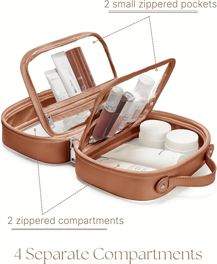 Clear Cosmetic Bag Double Layer Travel Toiletry Bag Clear Makeup Bag Case with 4 Compartments, Transparent Travel Bag for Toiletries, Large Toiletry Bag for Women Cosmetic Case (Brown, Small)