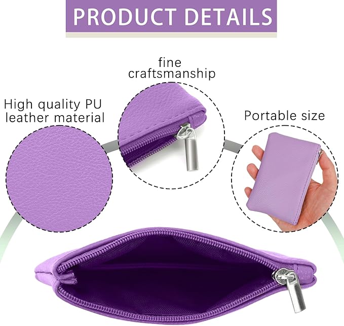 2 Pack Portable PU Leather Mini Coin Purse with Zipper for Women - Credit Card, Folded Bills, ID, Key, Headset, Lipstick (Pink&Purple)