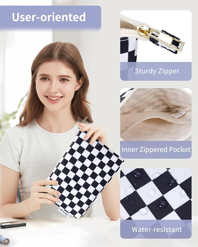 Narwey Small Checkered Makeup Bag for Purse Small Cosmetic Bag Women Travel Makeup Pouch Zipper Pouch (Black Checkerboard)