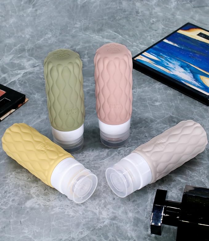 100 ml Silicone Travel Bottles for Toiletries with Labels/Clear Bag, Holiday Travel Essentials Leakproof Refillable Squeeze Travel Size Containers Set for Shampoo and Conditioner