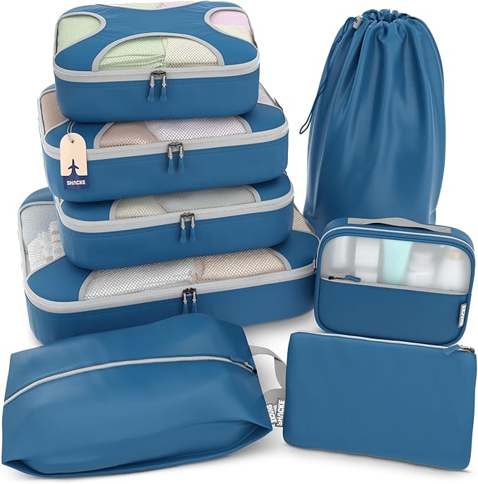 Shacke Packing Cubes for Travel 8 Set - Premium Luggage Organizer Bags - Versatile Travel Organizer for Women and Men - Optimized Packing Bags - Travel Essentials (Navy Blue)