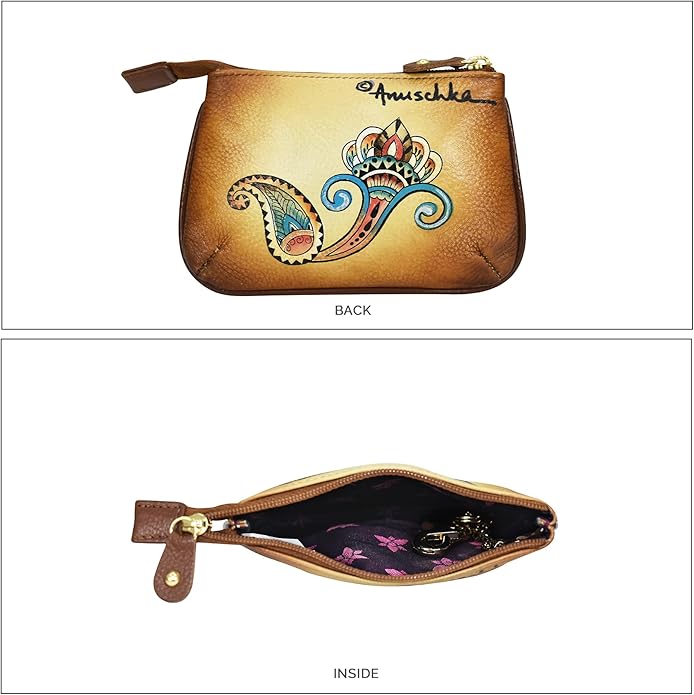 Anuschka Women’s Hand-Painted Genuine Leather Medium Zip Pouch - Coin and Key Pouch - Zippered, 2 Key Fobs