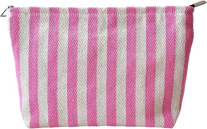 itgowisa Pink Striped Canvas Makeup Bag, Lightweight Cosmetic Pouch with Large Zipper Pull & Cotton Blend Lining, Travel Toiletry Organizer for Women & Gifts, Skincare Bag Hygiene Pouch Sunscreen Bag