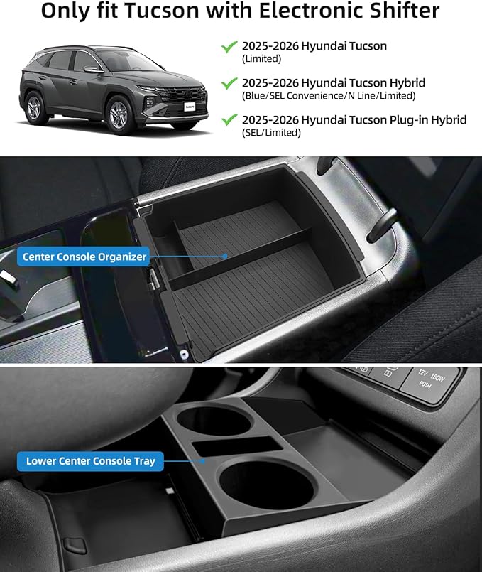 Double-Layer Center Console Armrest Organizer + Lower Center Console Tray for 2026 2025 Hyundai Tucson(Limited/Hybrid/Plug-in Hybrid), 2026 2025 Hyundai Tucson-ONLY Fit with Electronic Shift