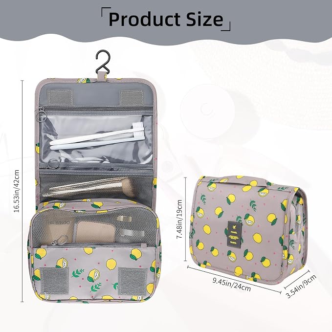 Foldable Hanging Travel Toiletry Bag,Waterproof Portable Travel Bags, Multifunction Travel Makeup Cosmetic Bag Organizer with Hanging Hook (Grey Lemon)
