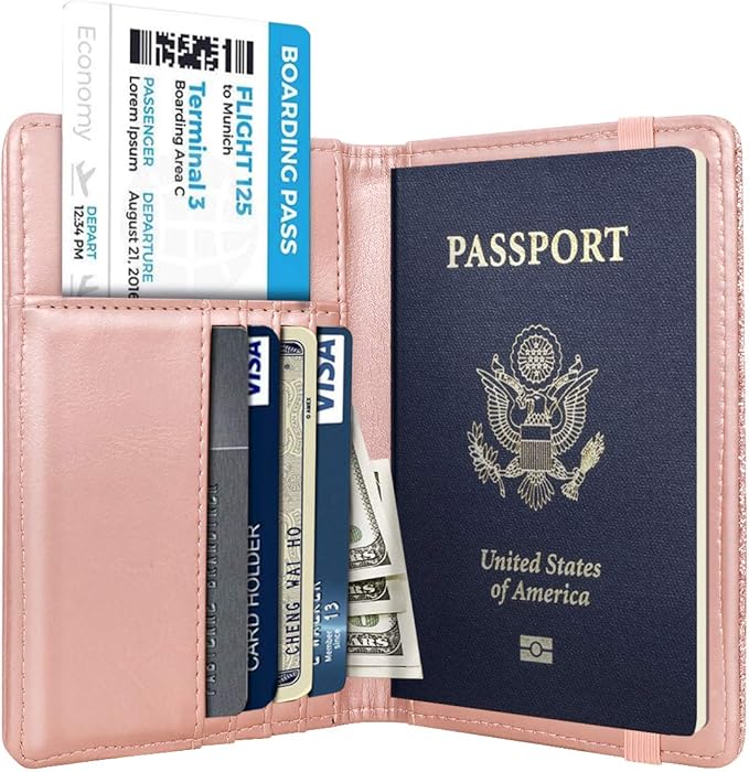 Passport Holder Cover,Traveling Passport Case Cute Passport Wallet for Women,Gold Pink Marble