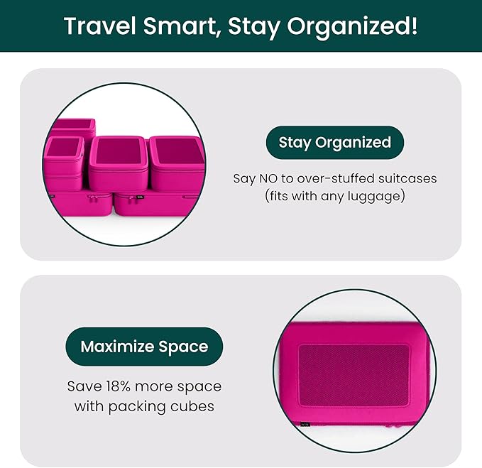 NOBL Travel Compressible Packing Cubes Set, 6 Pieces Travel Packing Organizers, Compression Luggage Cubes for Suitcases & Carry On, Space Saving (XXS, XS, S, M, L, XL) - Hot Pink