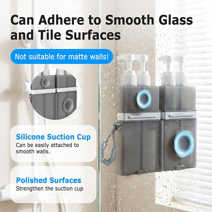 4 in 1 Travel Dispenser Bottles, TSA Approved Leak Proof Refillable Toiletry Containers with Vacuum Suction Cup for Smooth Walls, Portable Empty Bottle Set for Shampoo Conditioner Body Wash