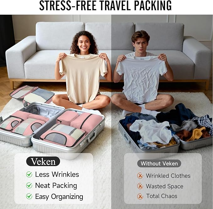 Veken 8 Set Packing Cubes for Travel Essentials, Suitcase Organizer Bags in 4 Sizes, Carry-On Luggage Accessories with Large Laundry & Hanging Toiletry Bag, Must-Have for Airplane, Road Trip & Camping