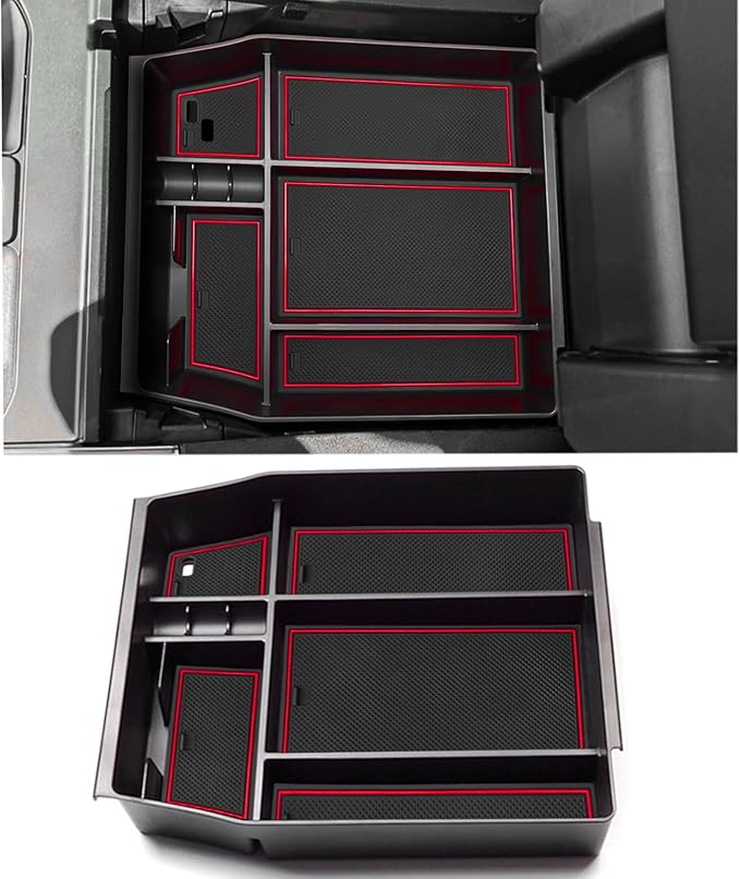 Center Console Organizer Tray for Ford F150 2021 2022 2023 2024 Accessories Interior Secondary Storage Armrest Box Insert Hidden Cubby Drawer (Full Console w/Bucket Seats ONLY) (Red Trim)