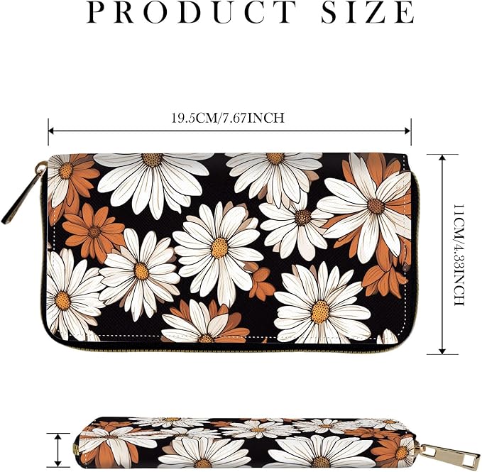 RFID-Blocking Zip Around Wallets for Women with Detachable Wrist Strap,Large Capacity Phone Holder with Card Organizer & Coin Pocket,White Flower Daisy