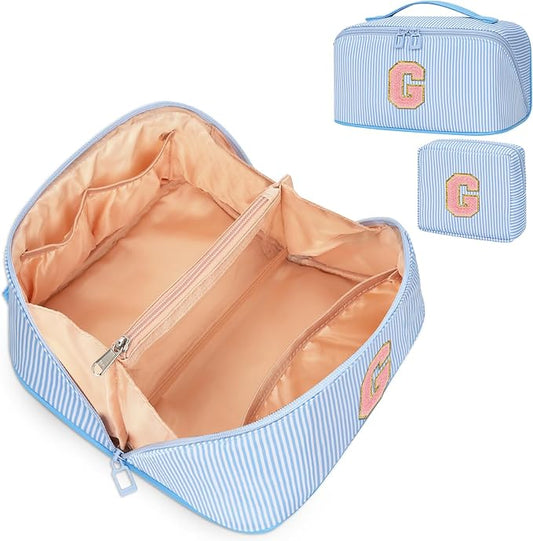 2026 Graduation Gifts - Travel Makeup Bag for Women, 2Pcs Portable Personalized Initial Makeup Organizer Bag, Open Flat Large Cosmetic Bag With Travel Essential Pouch (Blue Letter G)
