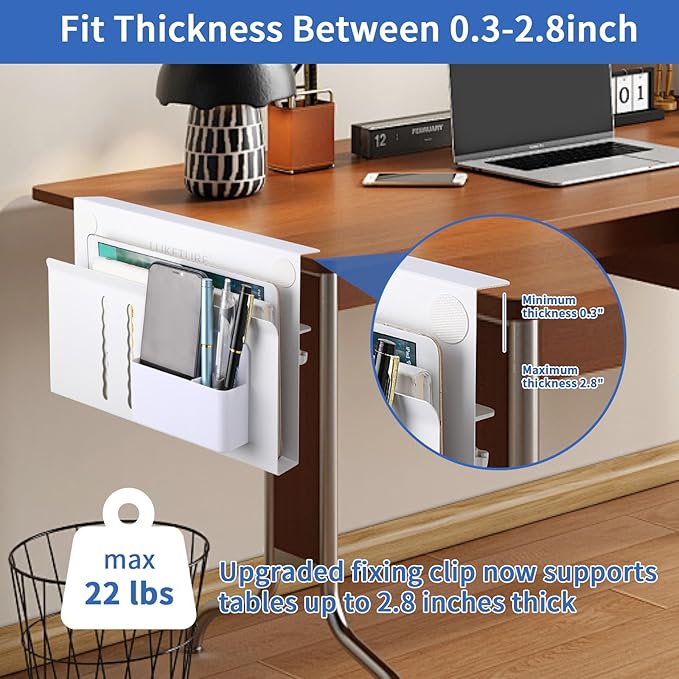 LUKETURE Laptop Holder, Steel Desk Side Storage, No Drill Standing Desk Accessories, Laptop Mount with Pen Holder, Back to School Supplies, Fits Flat Edge Tables 0.3" to 2.8" (White, M(1 Tier))