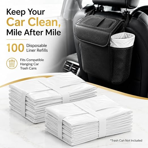 Disposable Car Trash Can Bags, Liner Refills (1-Pack, 100 Bags Total) - for HOTOR Car Garbage Can(Trash Can Not Included) White