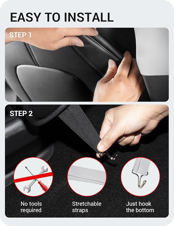 BASENOR 2026 Tesla Model Y(Juniper)/3/S/X Leather Seat Back Kick Protector, Backseat Mats for Kids - Extra Organizer Pocket, Waterproof Scratchproof Resistant Protection Black (Set of 2)