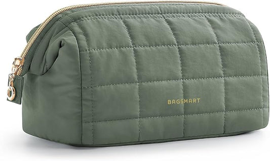 BAGSMART Puffy Padded Travel Makeup Bag, Wide-open Toiletry Bag, Olive Green