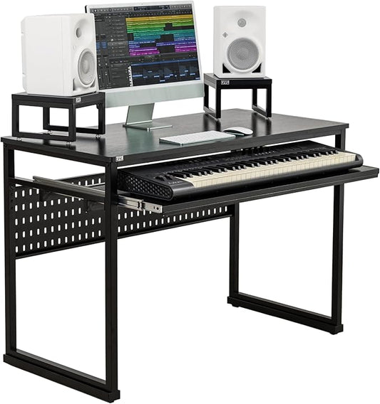 Music Studio Desk with Keyboard Tray and Height Adjustment Bracket, for 61 Keys (Music Producer Desk) (Black, 61 Keys)