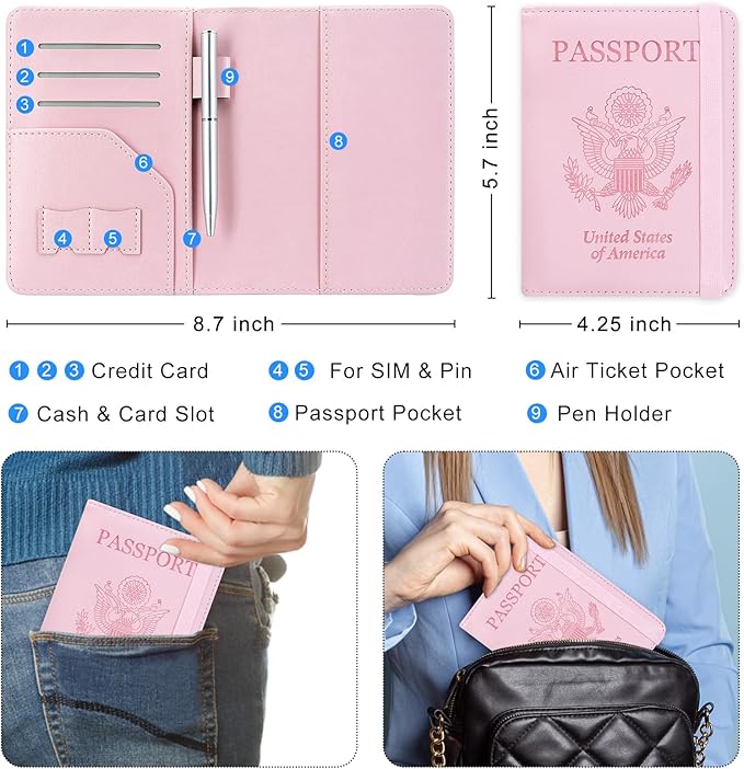 ACdream RFID BLOCKING Passport Holder Travel Wallet, Premium PU Leather Cover Passport Book with Card Holder, Pen Holder, Keep Organization, and Travel Essentials for Women and Men, Bright Pink