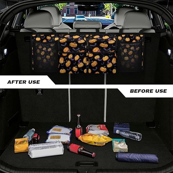 Halloween Pumpkins Car Trunk Organizer for Women Men Car Back Seat Hanging Storage Bag Collapsible Auto Cargo Bag with 4 Large Pockets Auto Interior Accessories