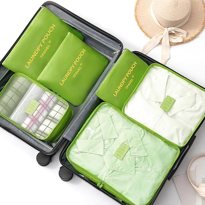 6 Set Packing Cubes for Travel Luggage Packing Bags Reusable Waterproof Suitcase Organizer Bags Set with Shoe Bag and Toiletry Bag (Green)