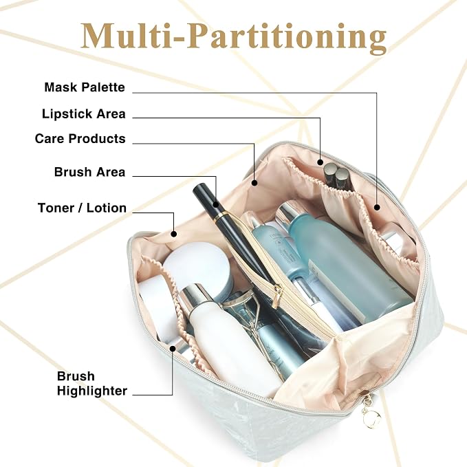 Cosmetic Bag,Travel Makeup Bag, Large Capacity Cosmetic Bags for Women, Waterproof Portable Open Flat Toiletry Bags,Makeup Organizer Bag with Divider and Handle, Cosmetic Pouch Gifts for Women (Grey)