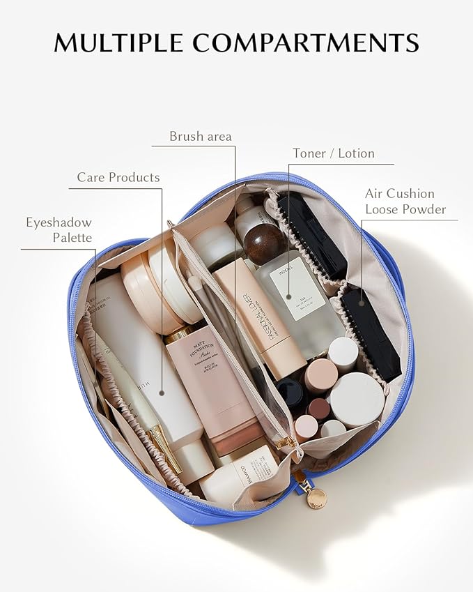 EACHY Travel Makeup Bag, Large Capacity Cosmetic Bag for Women, Waterproof PU Leather, Flat Open Portable Toiletry Bag for Skincare, Brushes & Travel Essentials