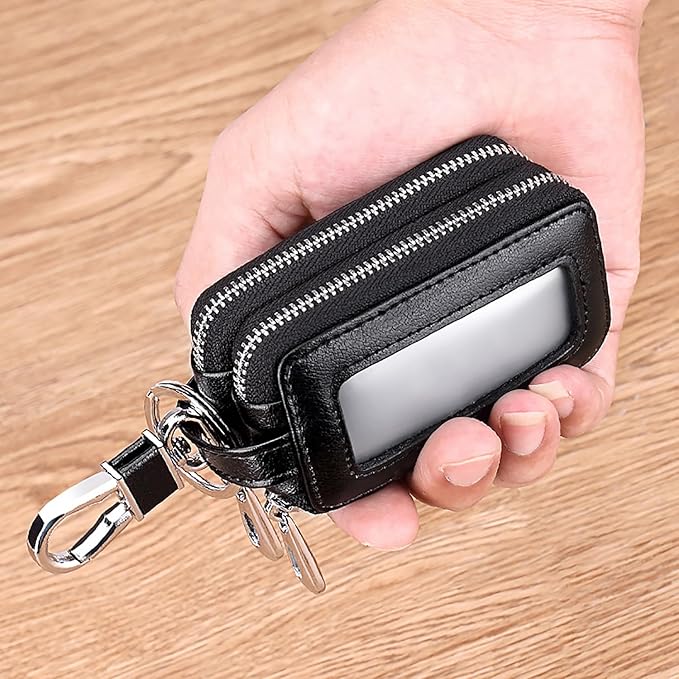 Car Key Chain Bag Double Zipper Leather Protection Key Coin Holder Keyring with Transparent Window