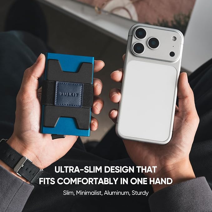 VULKIT RFID Blocking Card Holder Wallet for Men, Aluminum Expandable Backplate, Slim Minimalist Metal Pop Up Wallet, Holds 15+ Cards & Cash, Navy
