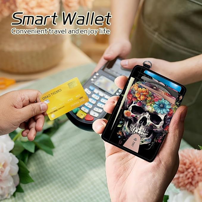 Small Travel Wallets, Sugar Skull Flowers Slim Minimalist Front Pocket Wallet with Wristlet, RFID Blocking PU Leather Credit Card Holder with ID Window Change Purse for Men Women