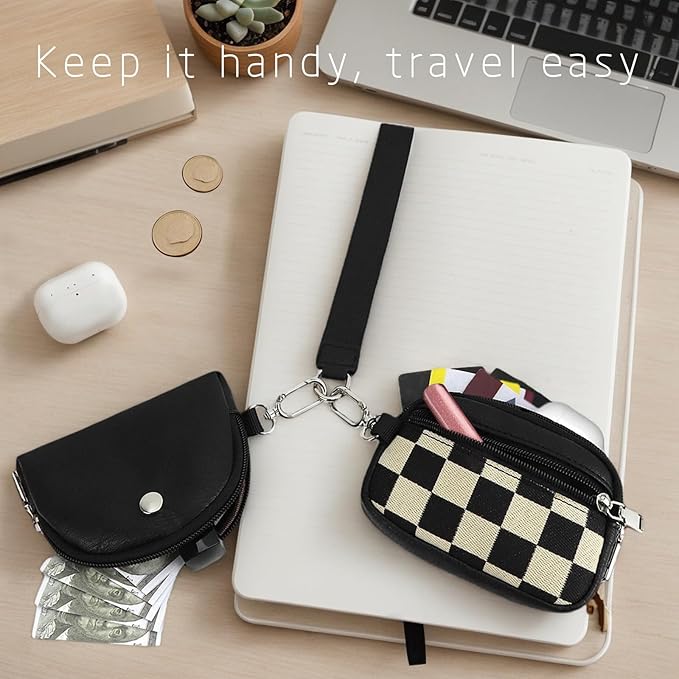 Checkered Dual Pouch Keychain Wallet for Women,Small Mini Zip Leather Coin Purse with Wrist Strap,wristlet hangbags,Black