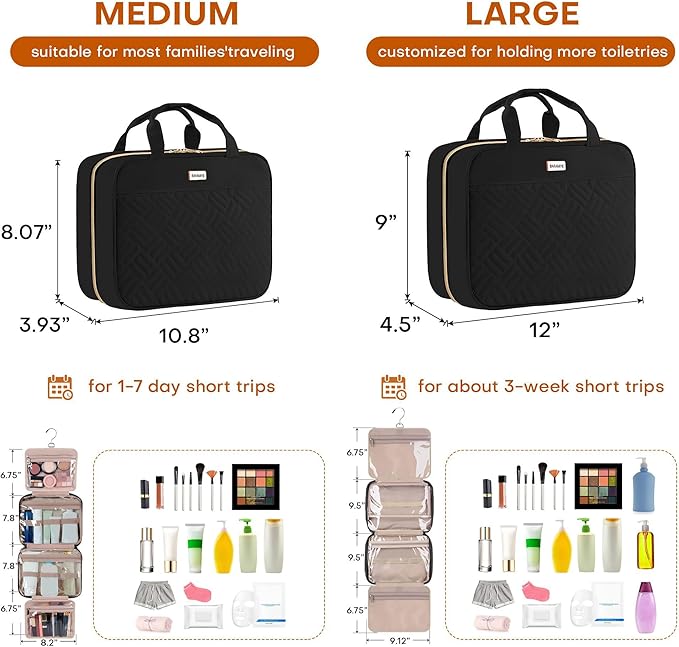 BAFAMYE 5.8L Travel Toiletry Bag for women - 2.1 GAL Water-resistant Makeup Cosmetic Bag Organizer With Hanging Hook for Travel Accessories Shampoo Full-size Container, Black