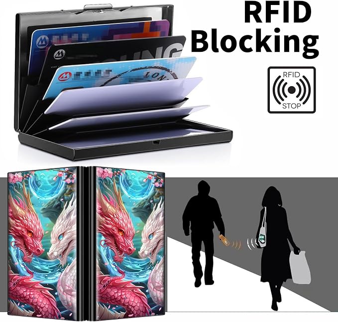 Metal Wallet, Credit Card Holder for Women Men Girls, RFID Blocking Aluminum Wallet Slim Hard Case, Mini Travel Wallet, ID Card Holder Business Card Case,Pink White Dragon