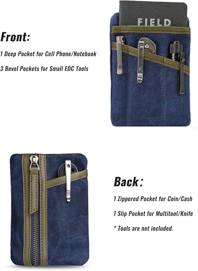 Sayram SP6 EDC Pouch, Waxed Canvas Compact Pocket Organizer, EDC Pocket Pouch for Men, Zippered Pocket Pouch, Mini EDC Organizer for Everyday Carry, Multitool Organizer Pouch (Oil Wax Dark Blue)