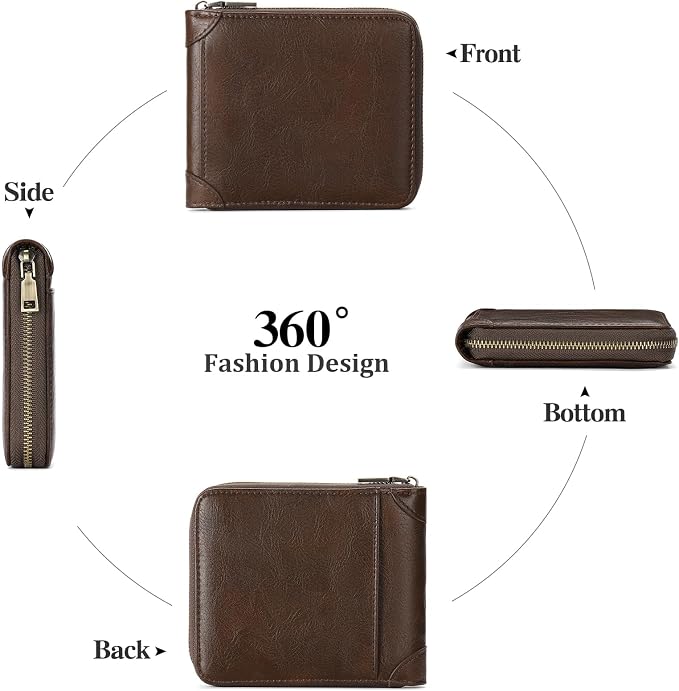 GAEKEAO Zipper Wallet for Men Vegan Leather RFID Blocking Large Capacity Bifold Wallets with ID Window Change Pocket