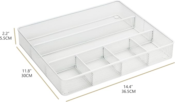 Annova Desk Top Organizer Tray for Office Organization - Metal Mesh - Storage Tray with Dividers for Pens, Desktop Accessories, Bathroom, Kitchen, Makeup and Office Supplies (Large, White)