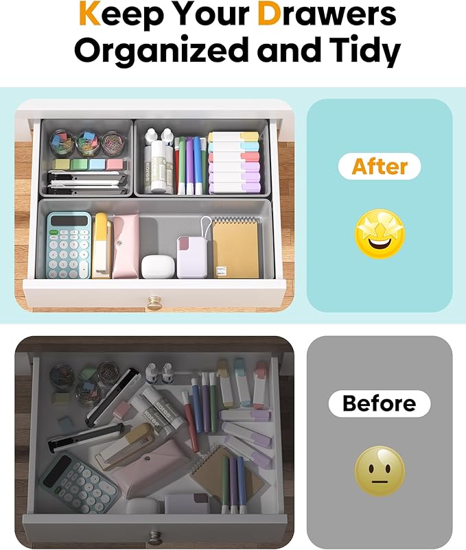 10 Pack Large Size Plastic Drawer Organizers Set, 3 Sizes Desk Drawer Organizer Trays, Storage Bins for Vanity, Makeup, Bathroom, Kitchen Utensils and Office (Gray)