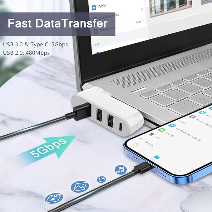 VIENON 4-Port USB 3.0 Hub [90/180 Rotatable], USB Splitter with 3 USB Ports & 1 USB C Power/Data Port, USB Extender for Laptops, Cars, iMac, MacBook Air, MacBook Pro