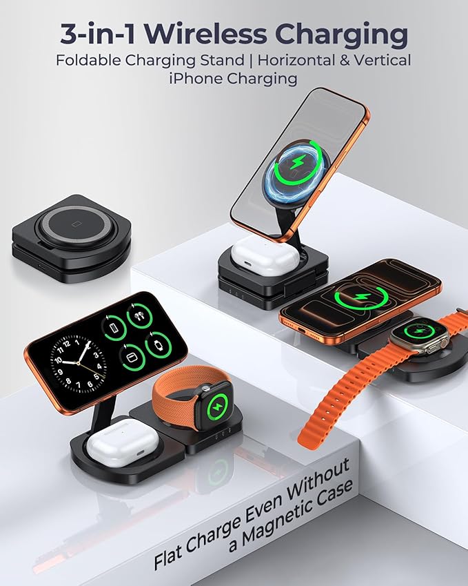 EGV Wireless Charger for iPhone, 3-in-1 Magnetic Charging Station for Apple, MagSafe Charger Stand for iPhone 17 Air 16 15 14 13 12 Series, Airpods Pro, Apple Watch Ultra, Foldable, No Adapter, Black