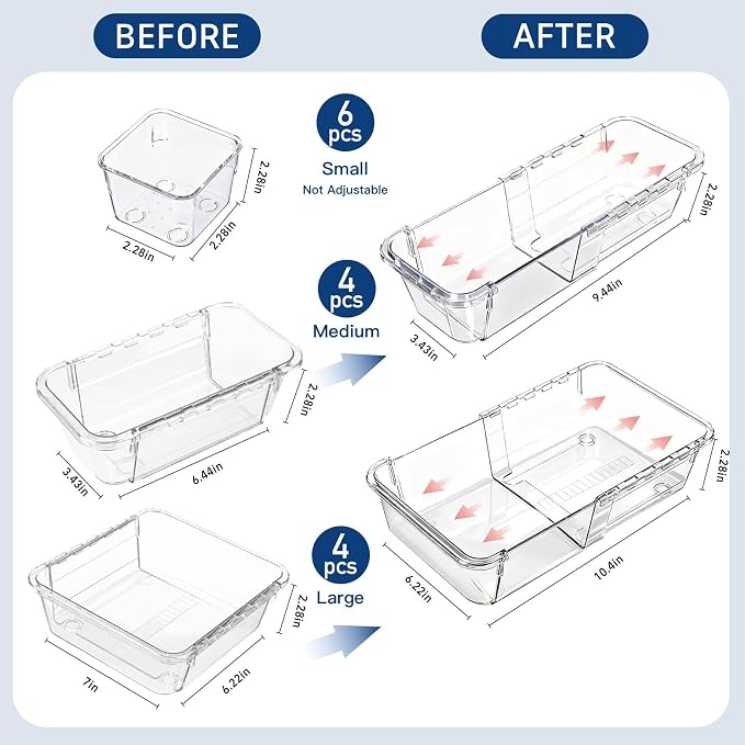 14 pcs Expandable Drawer Organizer Set, Adjustable Acrylic Drawer Dividers, 3 Sizes Storage Bins for Makeup, Vanity, Desk, Kitchen, Bathroom & Dresser Organization (4Large+4 Medium+6 Small)