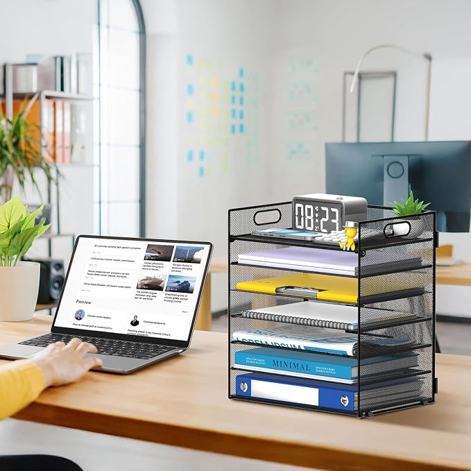 2 Pack 7 Tier Paper Organizer - Mesh Desktop File Holder with Handles for Office School Desk, Black