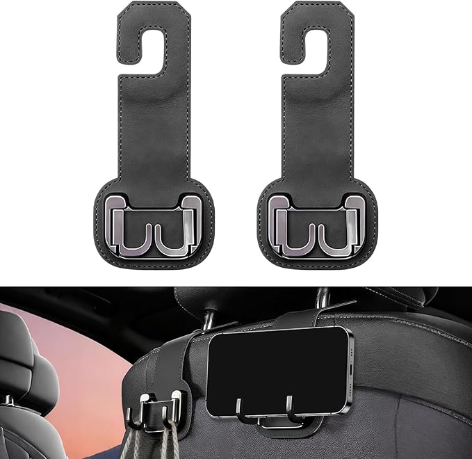 2 Packs Headrest Hooks for Car, Hidden Twinhook Leather & Metal Car Purse Holders, Universal Seat Back Storage Organizer Hanger for Purse Bag Handbags Phones, 2026 Car Seat Accessories (Black)