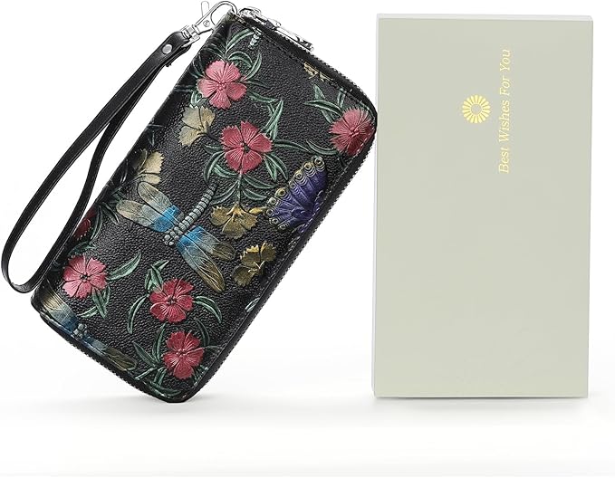 GOIACII Women's Wallet Large Capacity Double Zip Ladies Card Phone Holder RFID Blocking Wristlet Leather