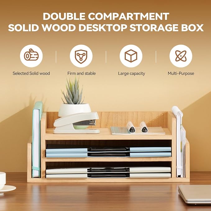 KIRIGEN Wood Desk Organizer 5 Trays, 3-Tier Desktop Document Letter Tray with Side Slots, Fully Assembled Mail Sorter and File Folder Holder for Home Office, Natural 2TP-NA