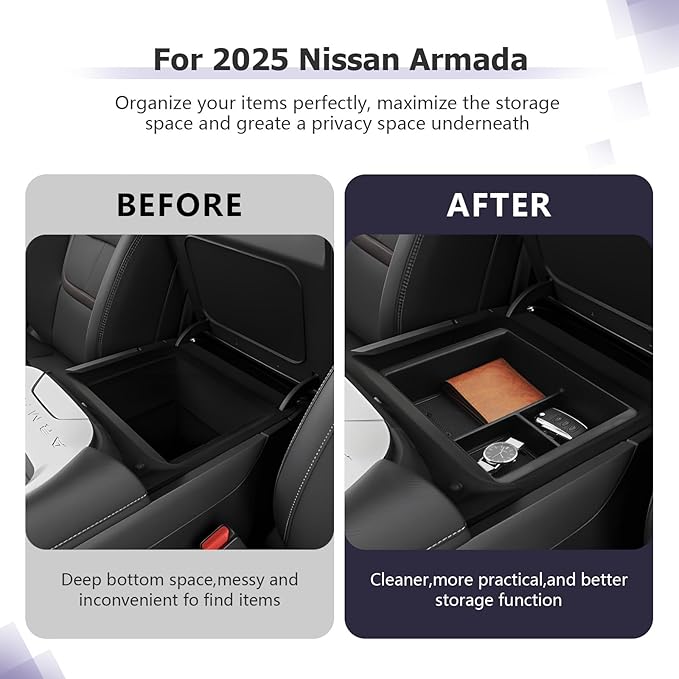 LUWU 2025 2026 Armada Center Console Organizer Tray Compatible with 2025 2026 Nissan Armada Accessories 2025 2026 Armada SV/SL/Platinum Armrest Console Organizer Armrest Organizer Insert Tray Black