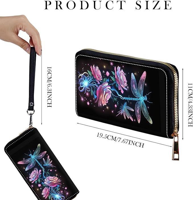 Zip Around Wallets for Women with Detachable Wrist Strap, Large Capacity RFID Blocking Leather Purse Organizer Card Holder Wristlet,Rose Dragonfly