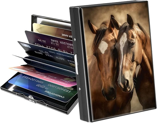 Metal Wallet,Credit Card Holder for Women Men,RFID Blocking Card Holder Mini Slim Aluminum Wallet ID Case Hard Case Business Card Holder Case,Brown Horse Couple