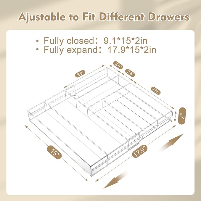 Briwooody 2 Pcs Acrylic Drawer Organizer 9'' up to 18'' x 15'' x 2'' Expandable Drawer Organizer Pens Notebook Ruler Makeup Tray with 7 Adjustable Compartments for Desk Office Kitchen Bathroom(Clear)