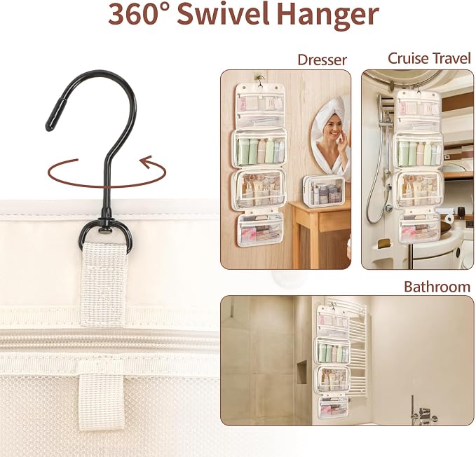 PACKISM Hanging Travel Toiletry Bag - with Clear Makeup Bag, Large Beige | Wide Open Access, Hanging Hook, Detachable Pouch, Large Compartments, Waterproof Surface, Cruise Bathroom Travel Storage